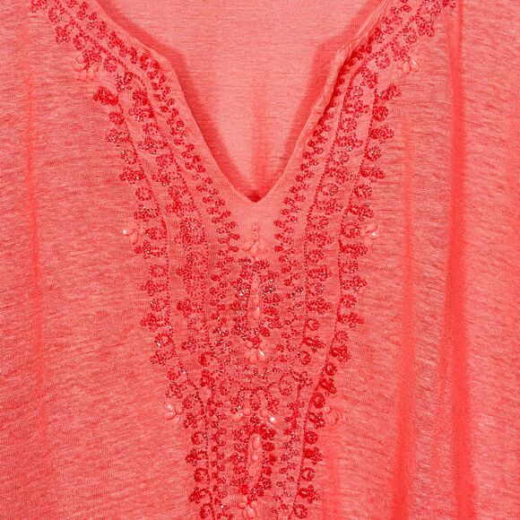 J. Jill Love Linen Henley Blouse Women Size L Pink Boho Embroidery and Studs - Picture 10 of 12